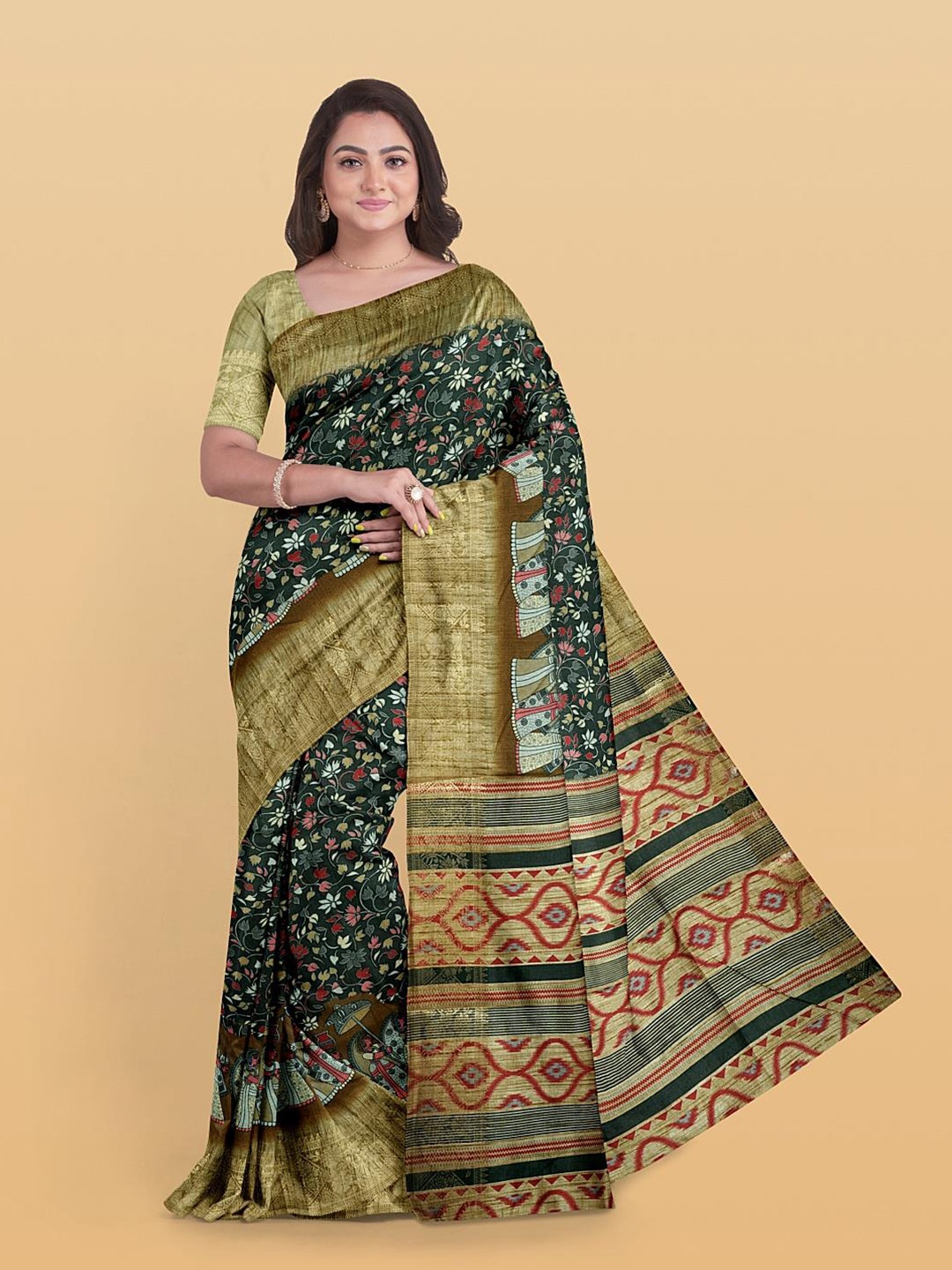 

Kalamandir Kalamkari Printed Silk Blend Saree, Black
