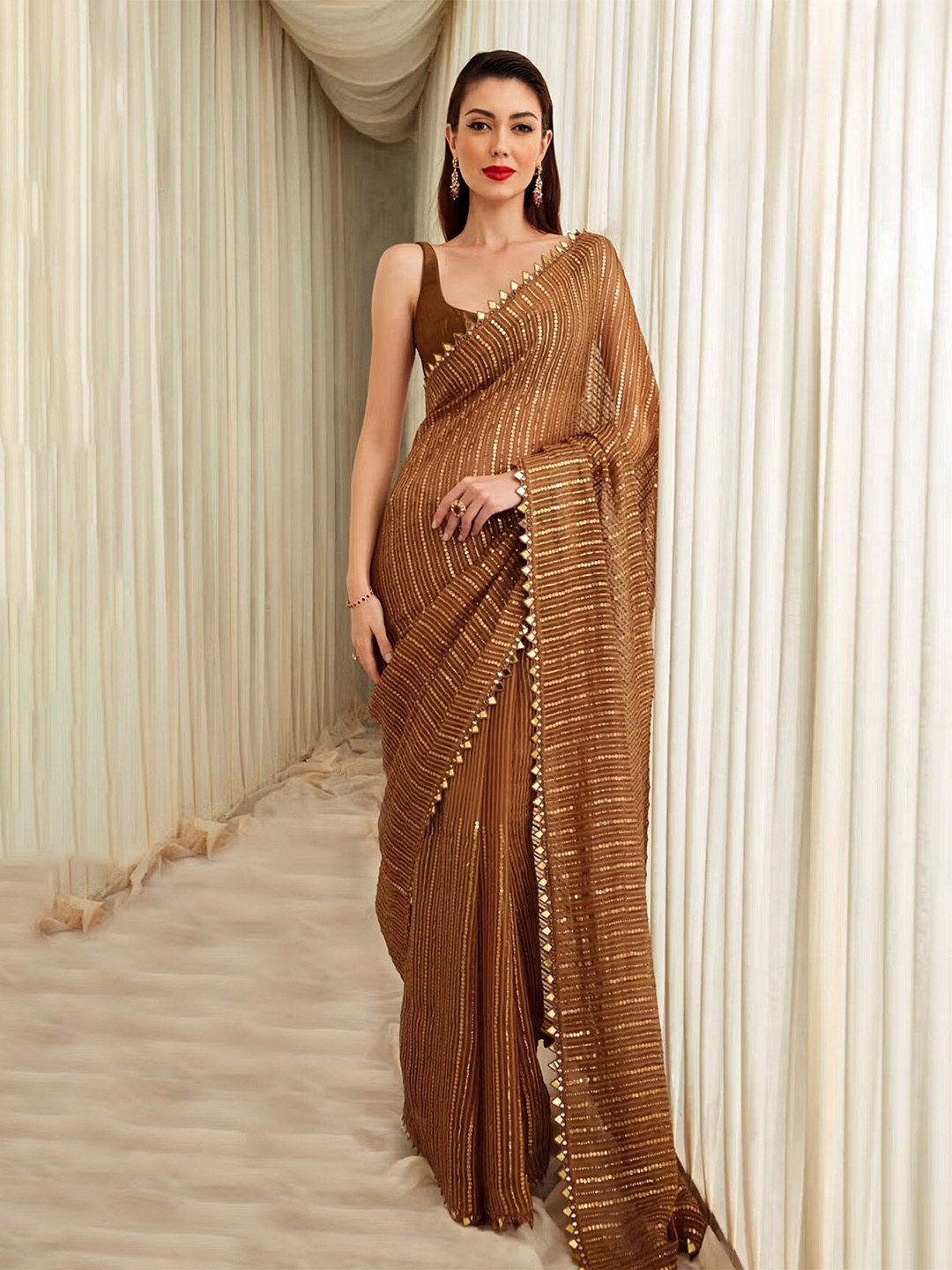 

Bollyclues Embellished Sequinned Pure Georgette Saree, Brown