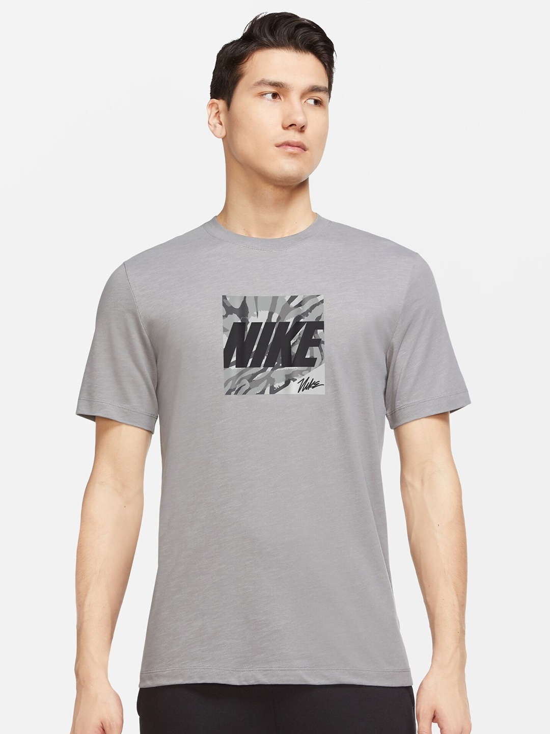 

Nike Men Dri-FIT Brand Logo Printed Cotton Training T-shirt, Grey