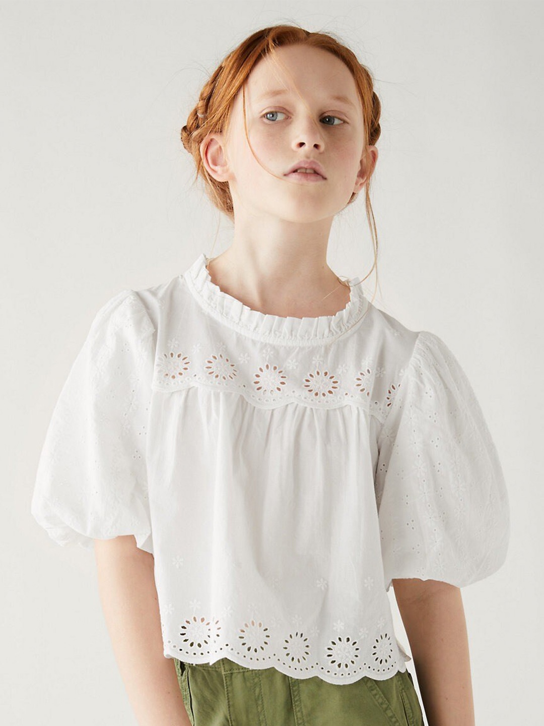 

Marks & Spencer Girls Self Design Puff Sleeve Pure Cotton Top, White