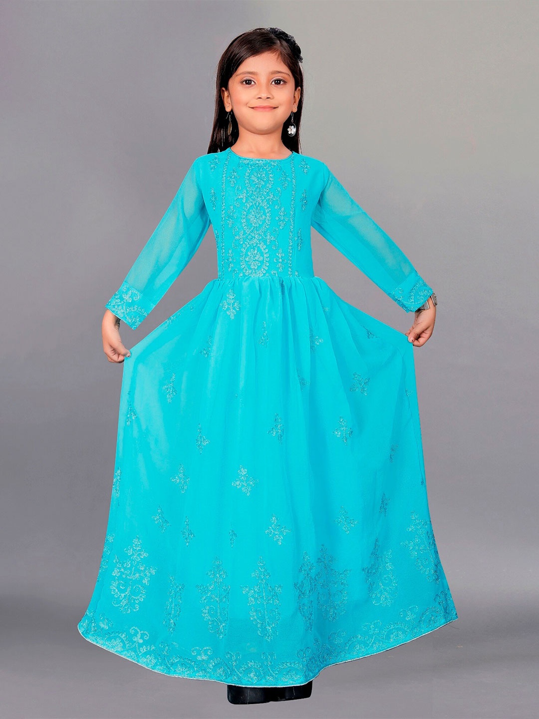 

APNISHA Ethnic Motifs Embroidered Fit & Flare Georgette Maxi Ethnic Dress, Blue