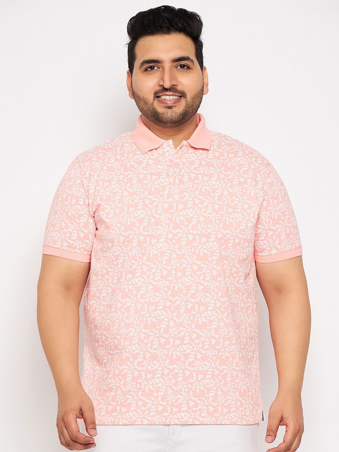

WILD WEST Plus Floral Printed Polo Collar Cotton T-shirt, Pink