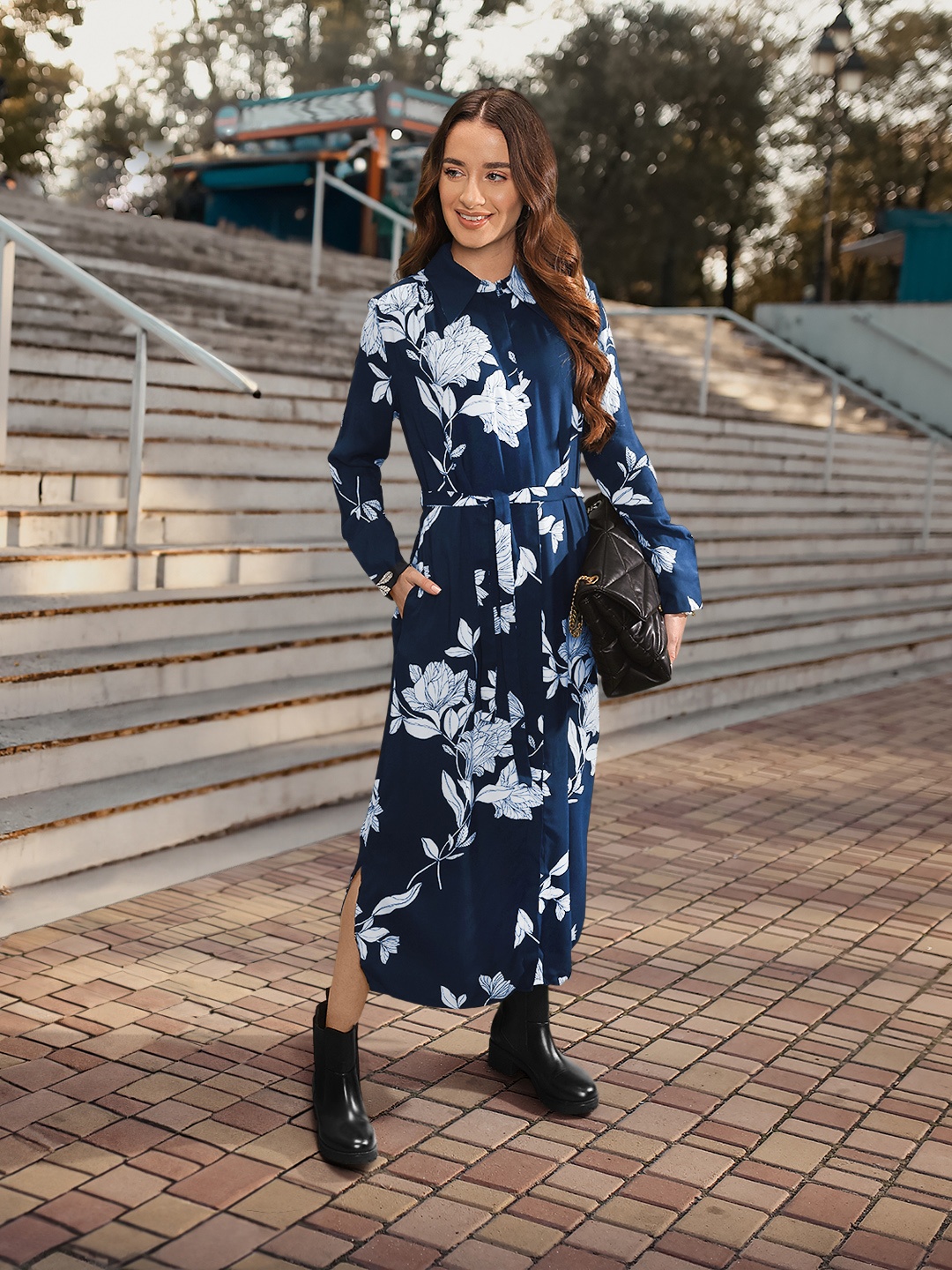 

Marks & Spencer Floral Printed Belted Shirt Collar A-Line Midi Dress, Navy blue