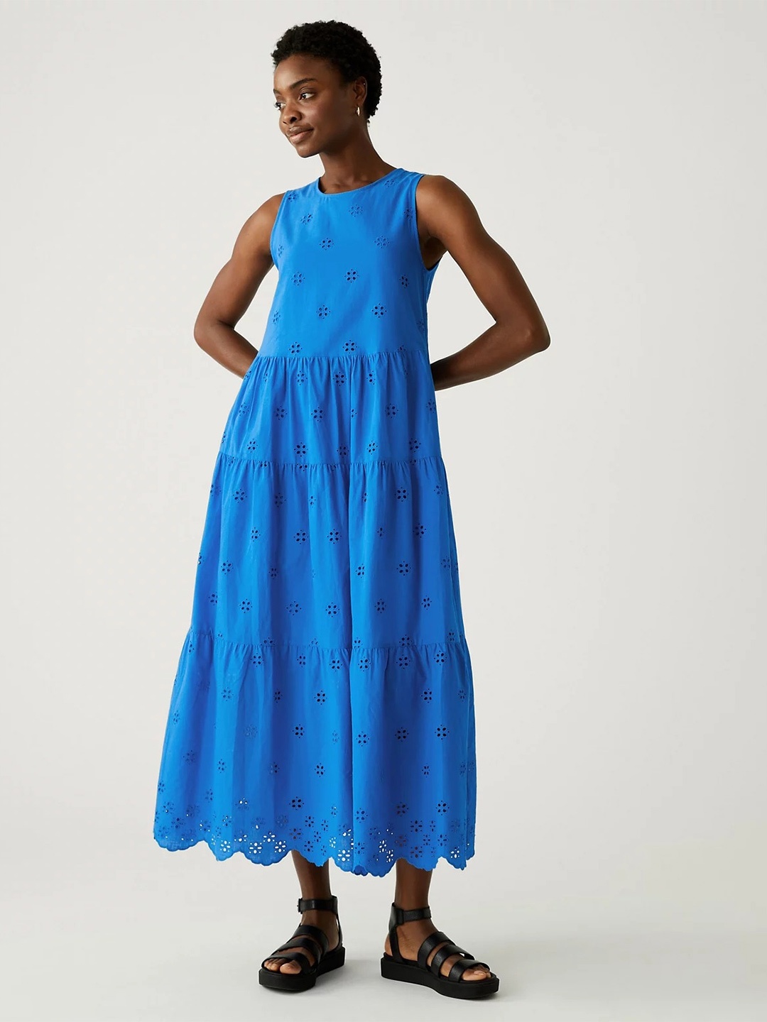

Marks & Spencer Sleeveless Tiered A-Line Midi Cotton Dress, Blue