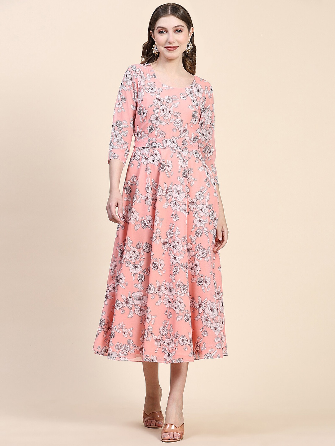 

KALINI Floral Printed Fit & Flared Ethnic Dress With Tie Up Belt, Peach