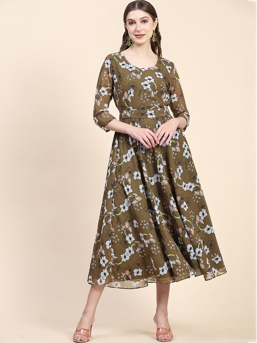 

KALINI Floral Printed Fit & Flare Ethnic Dress With Tie Up Belt, Olive