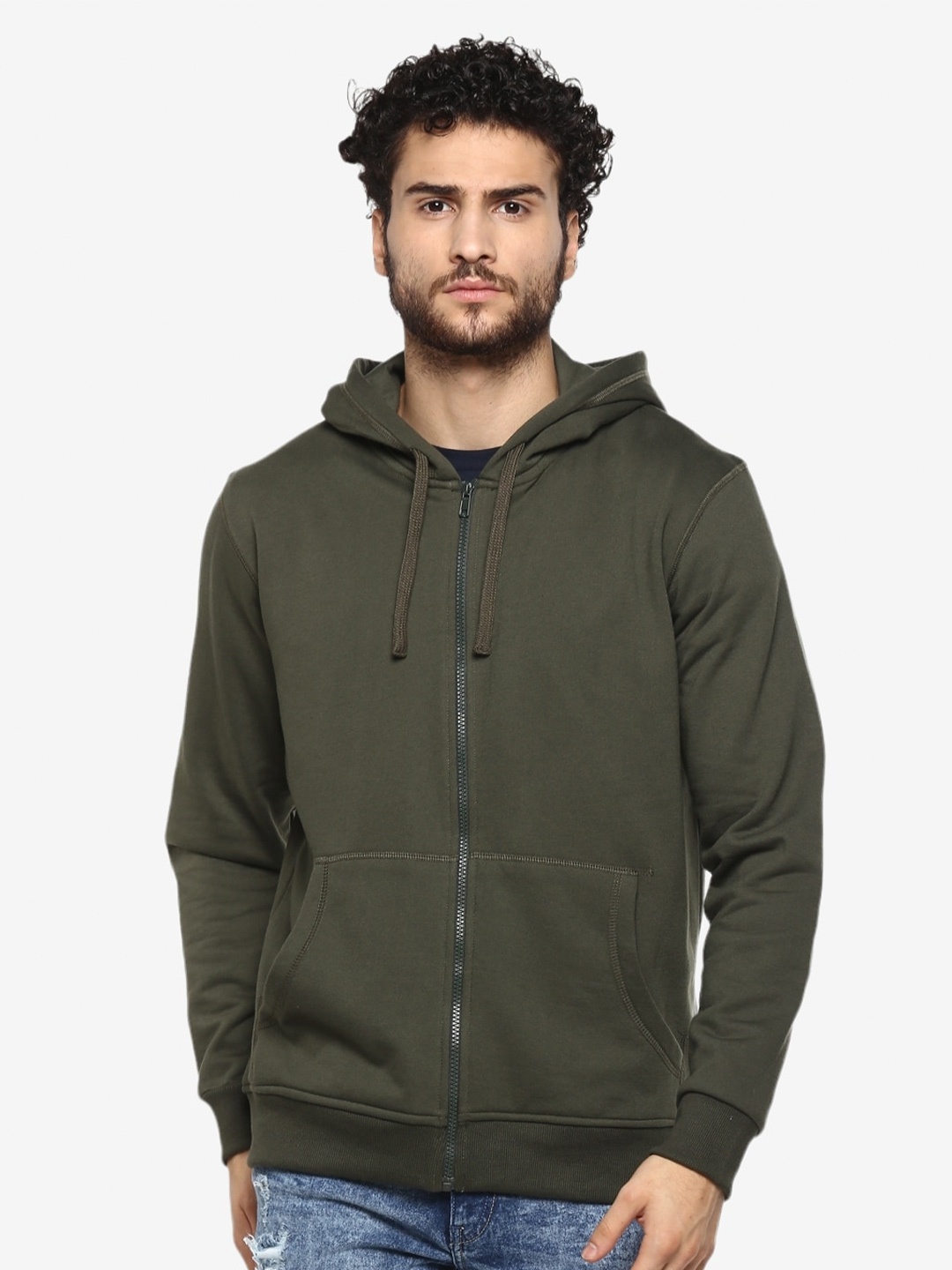 

Alan Jones Men Solid Hooded Front-Open Sweatshirt, Olive