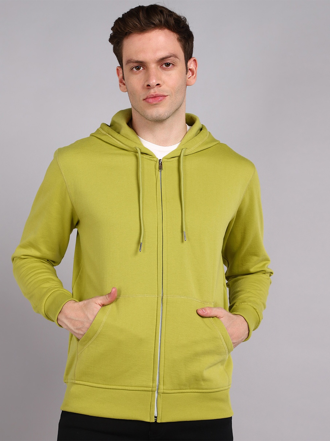 

Alan Jones Men Solid Hooded Front-Open Sweatshirt, Lime green