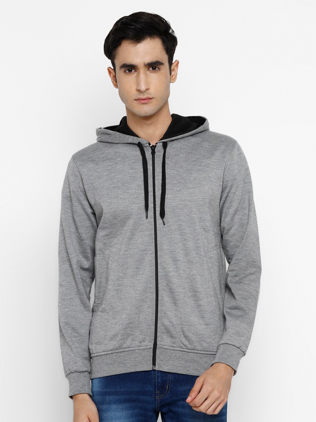 

Alan Jones Men Solid Hooded Front-Open Sweatshirt, Grey melange