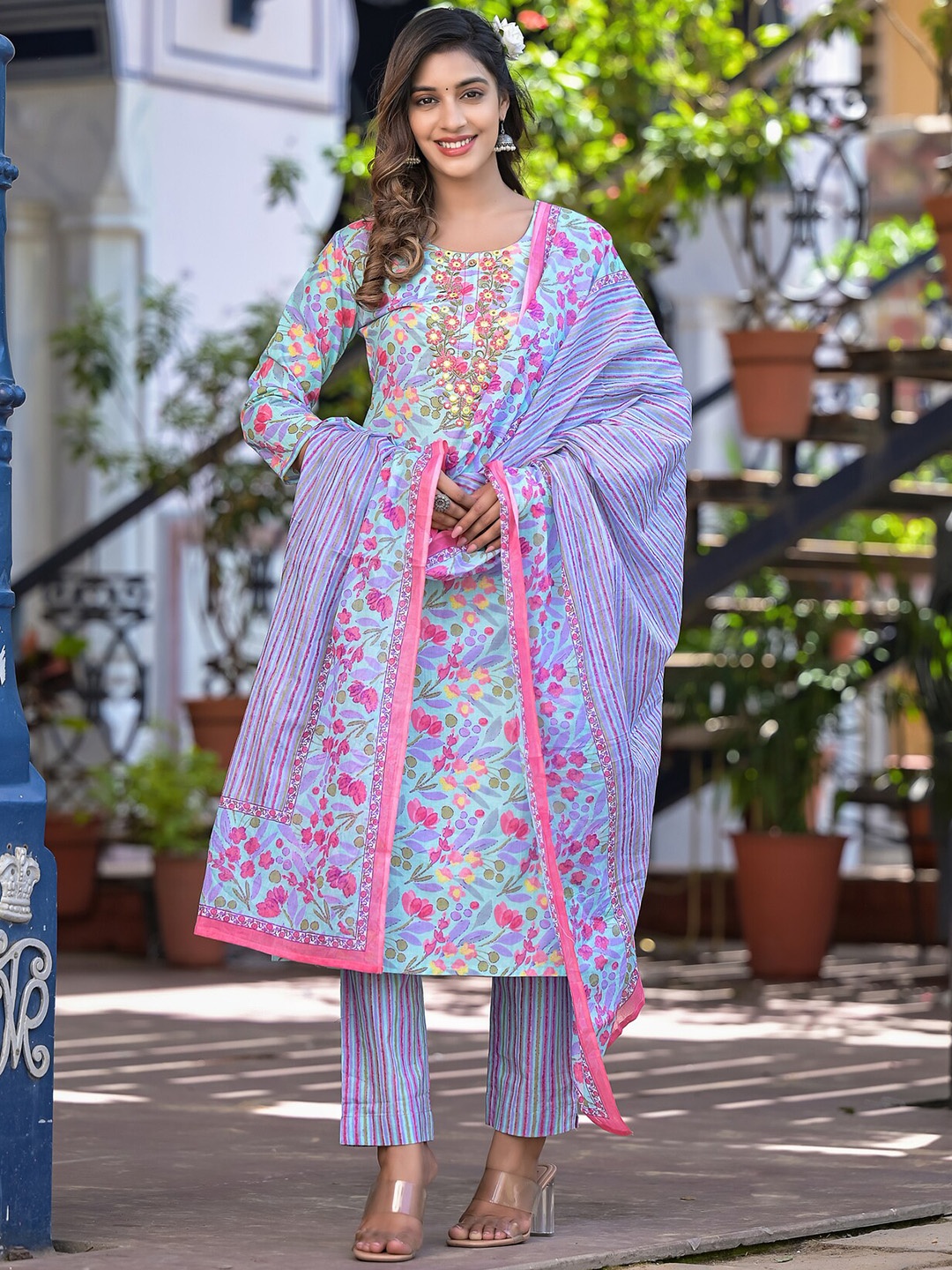 

NITVAN Floral Printed Regular Mirror Work Pure Cotton Kurta With Trousers & Dupatta, Blue