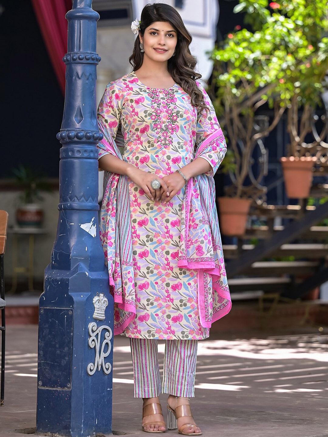 

NITVAN Floral Printed Regular Mirror Work Pure Cotton Kurta With Trousers & Dupatta, Cream