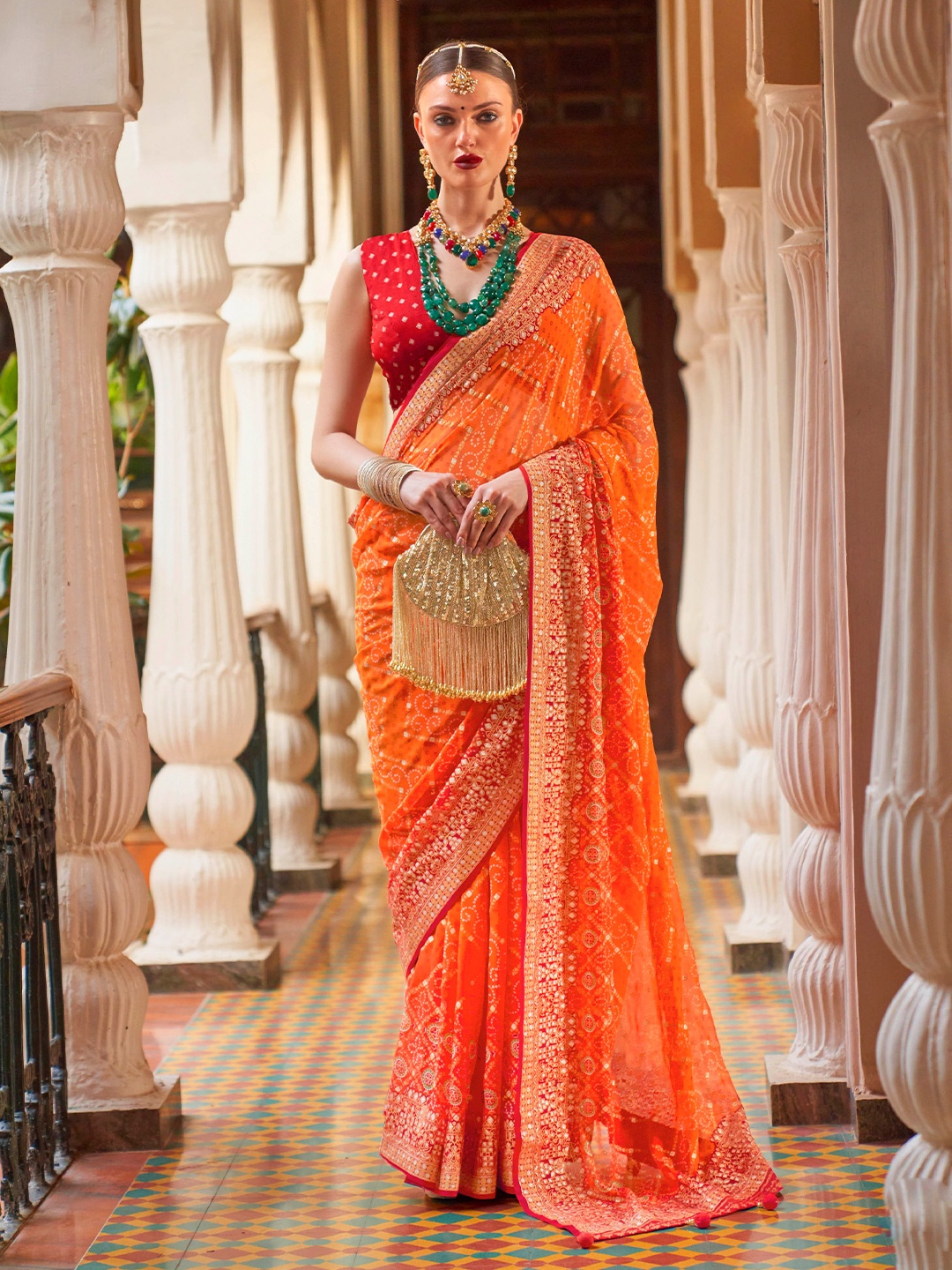 

Mitera Bandhani Embroidered Poly Georgette Saree, Orange