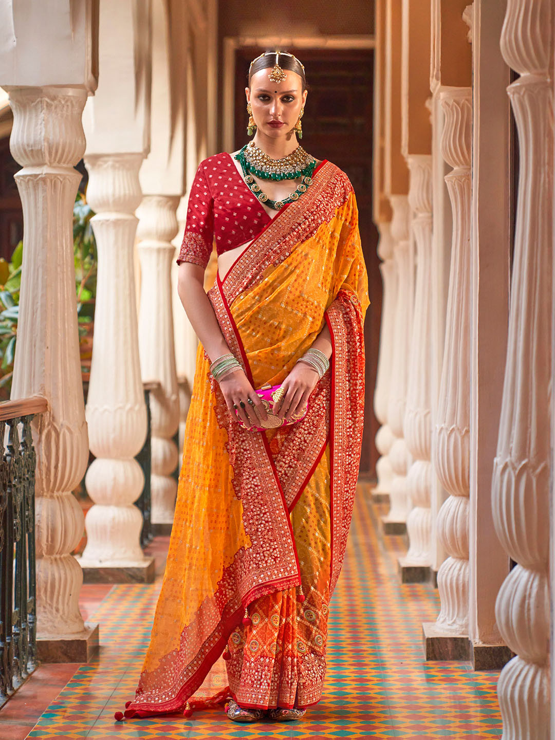 

Mitera Bandhani Printed Embroidered Saree, Mustard
