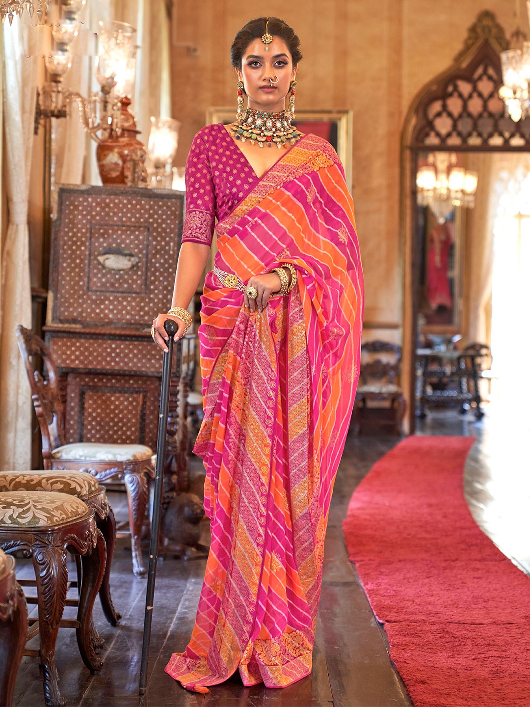 

Mitera Pink & Orange Leheriya Embroidered Poly Georgette Saree