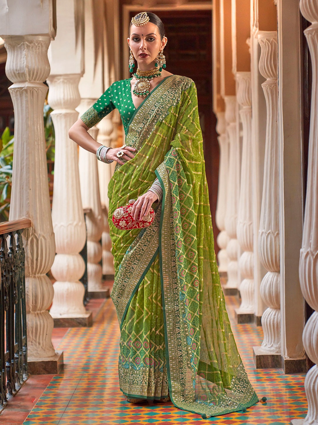 

Mitera Green & Blue Ethnic Motifs Embroidered Poly Georgette Saree