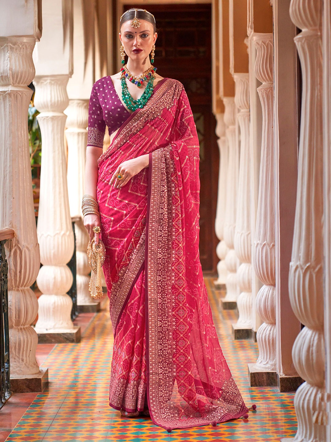 

Mitera Pink & White Bandhani Printed With Embellished Border Saree
