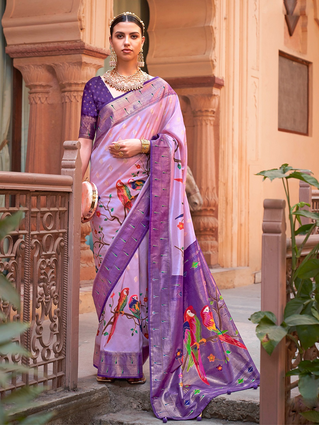 

Mitera Lavender & Red Woven Design Zari Saree