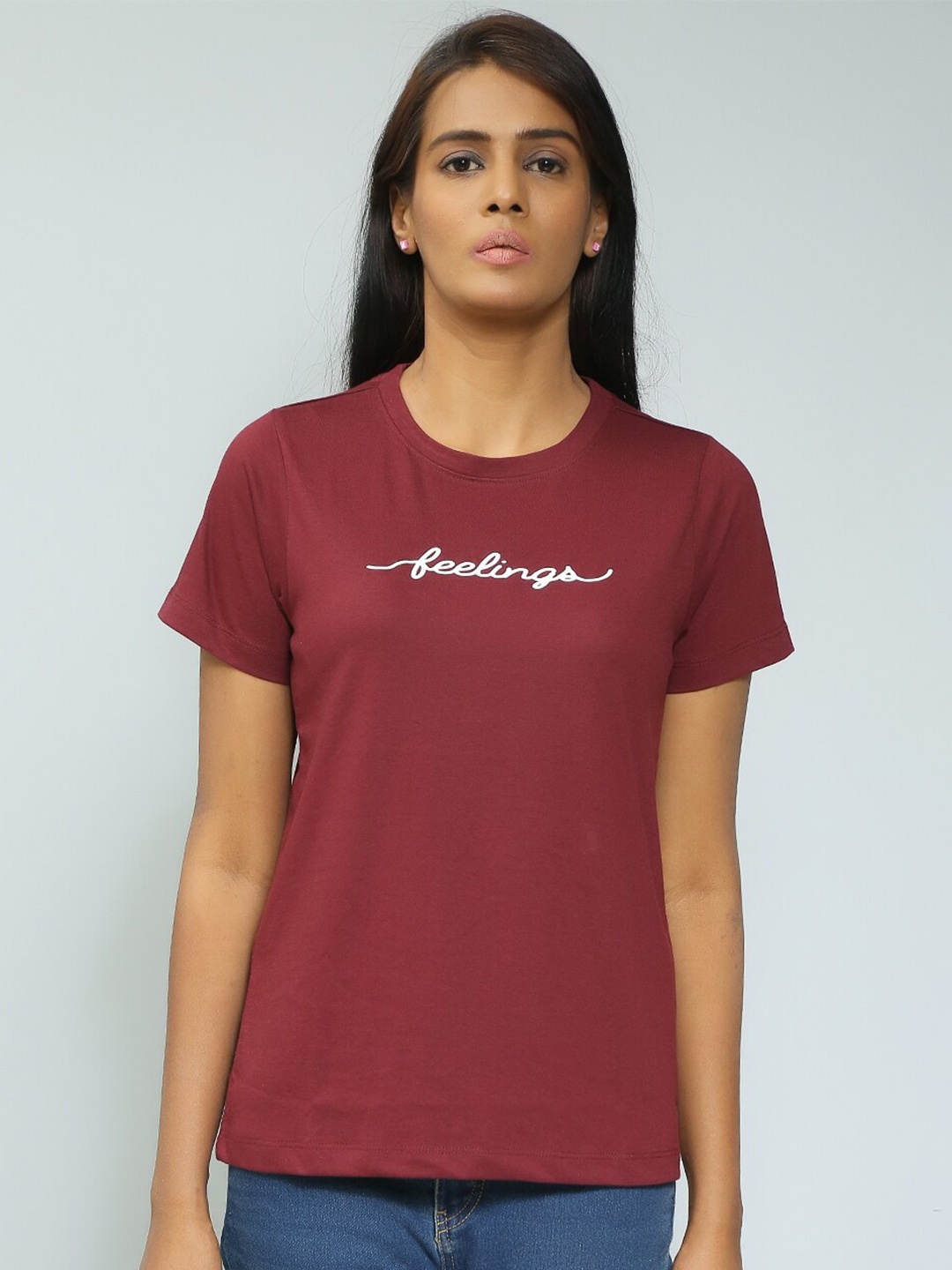 

Mast & Harbour Maroon Typography Printed Pure Cotton Relaxed Fit T-shirt