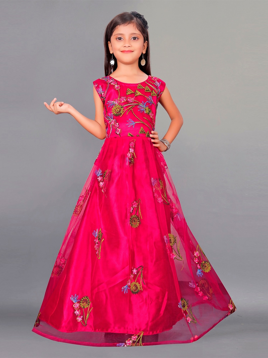 

APNISHA Girls Floral Embroidered Detailed Gown Dress, Pink