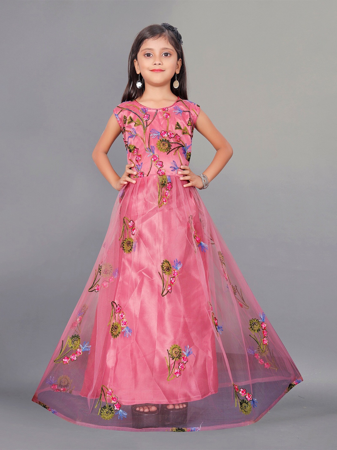 

APNISHA Peach-Coloured Floral Net Maxi Dress
