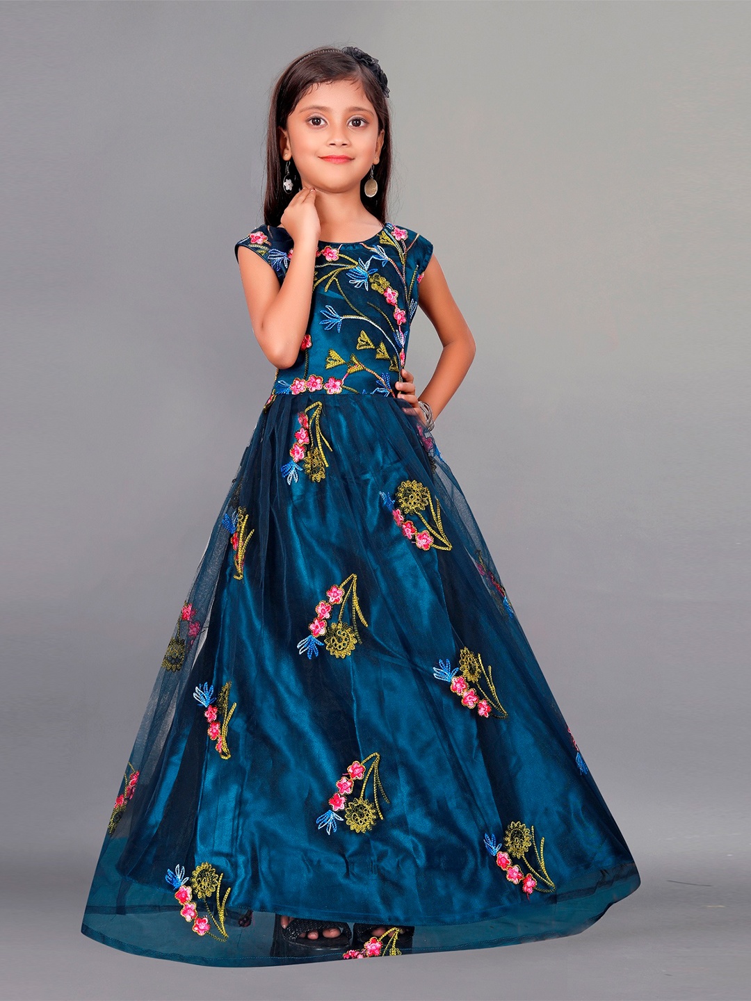 

APNISHA Girls Floral Embroidered Gown Dress, Blue