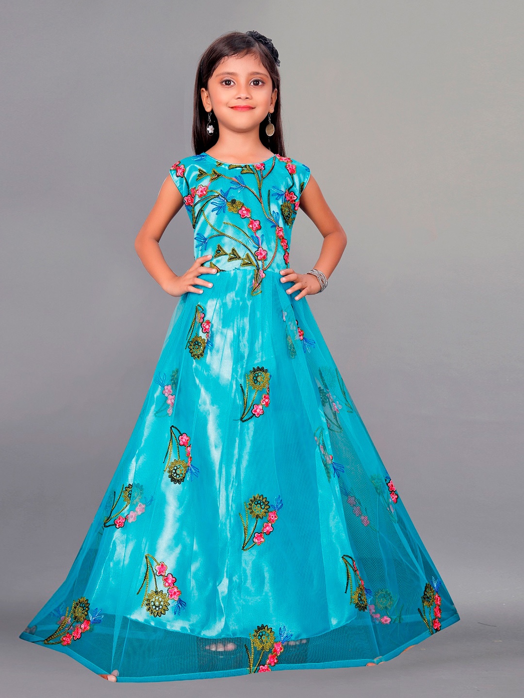 

APNISHA Girls Embroidered Detailed Gown Dress, Blue