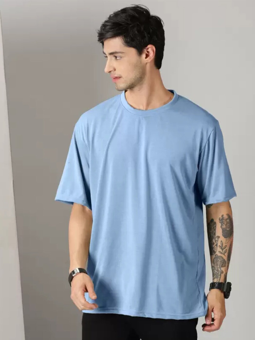 

Imsa Moda Drop Shoulder Sleeves Cotton Loose T-shirt, Blue