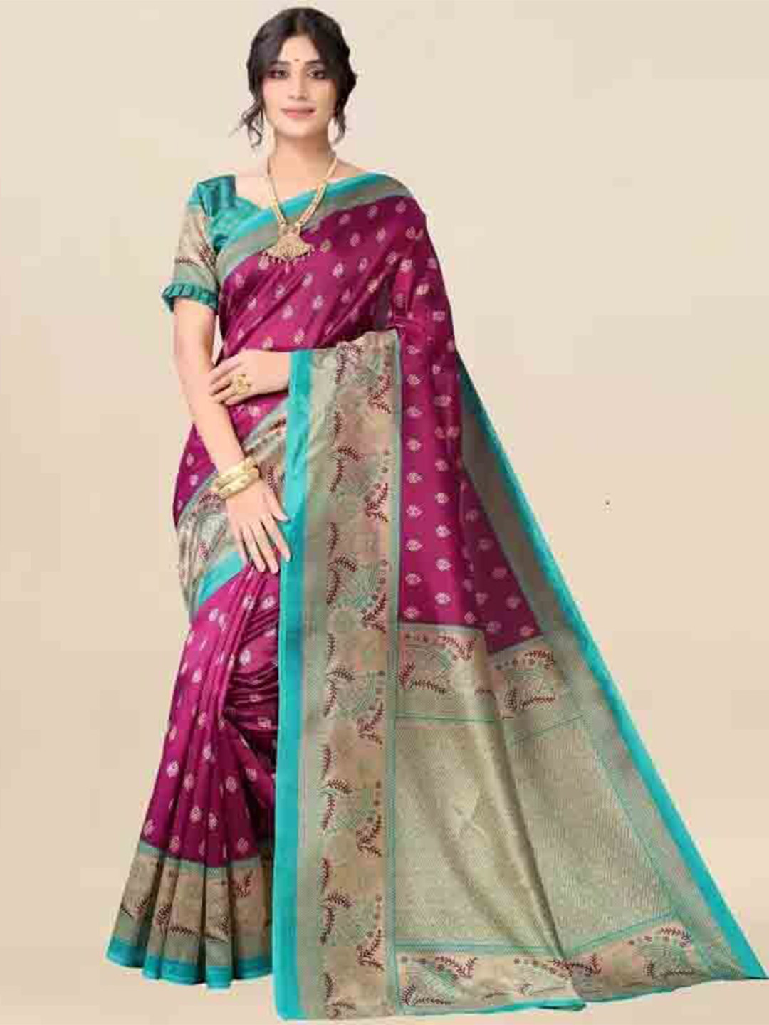 

MAGMINA Ethnic Motifs Zari Silk Cotton Banarasi Saree, Purple