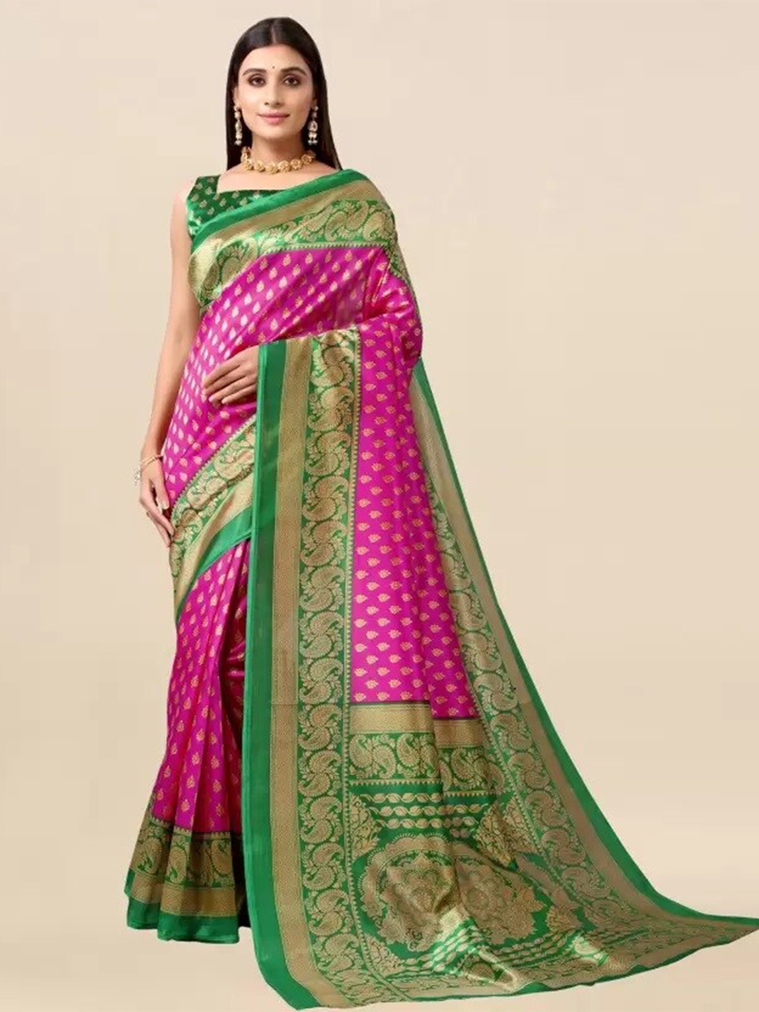 

MAGMINA Ethnic Motifs Printed Zari Silk Cotton Banarasi Saree, Pink