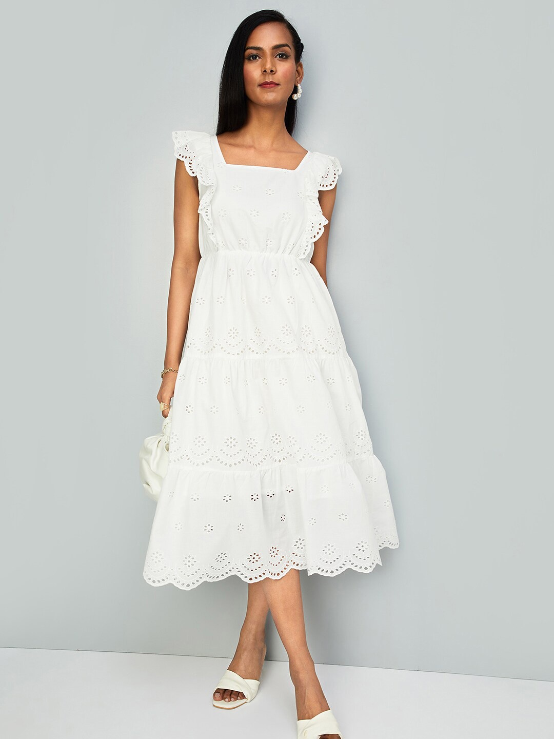 

max Self Design Flutter Sleeve Tiered Fit & Flare Dress, White
