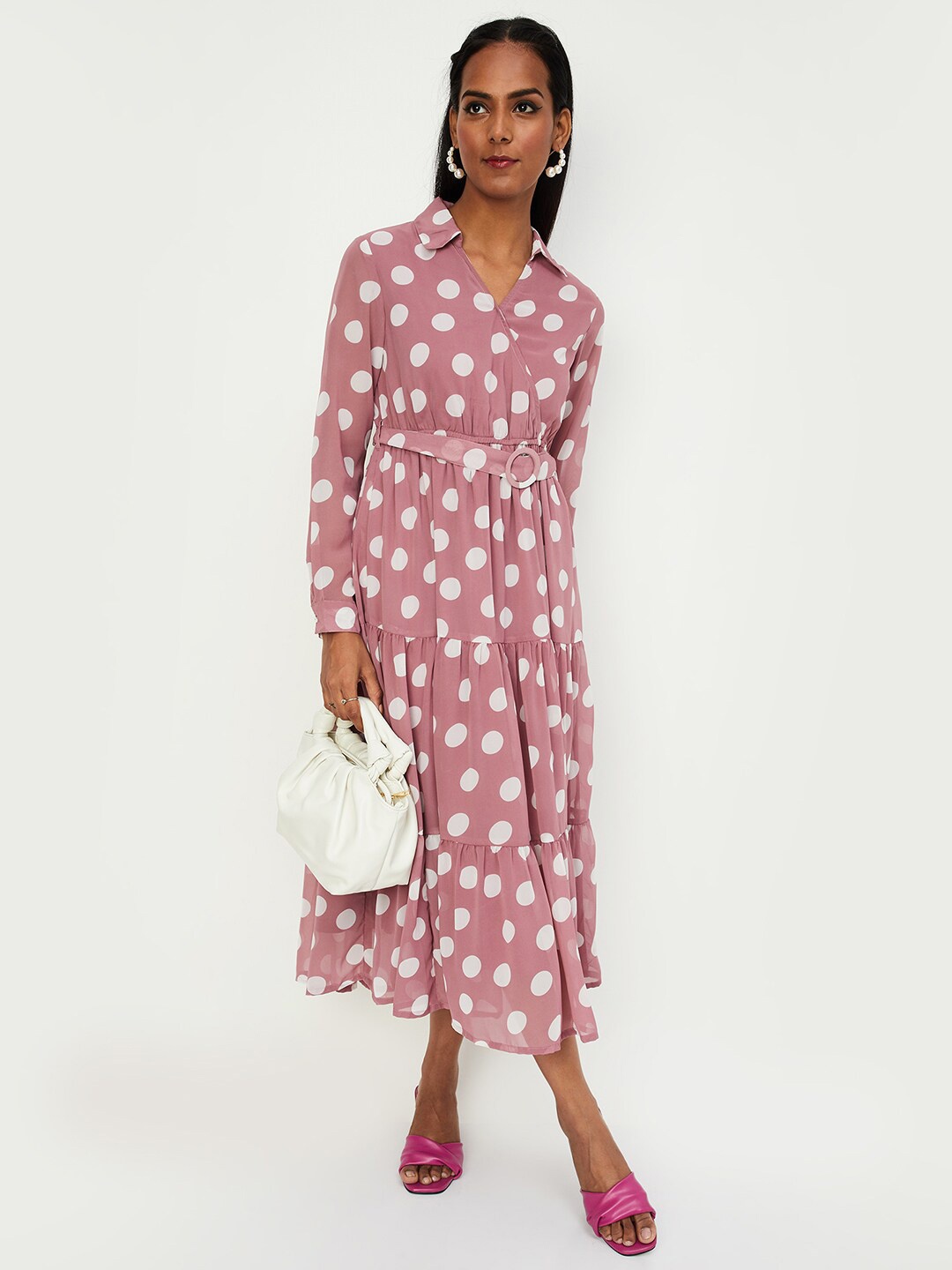 

max Polka Dots Printed Cuffed Sleeves Tiered Midi Shirt Dress, Pink