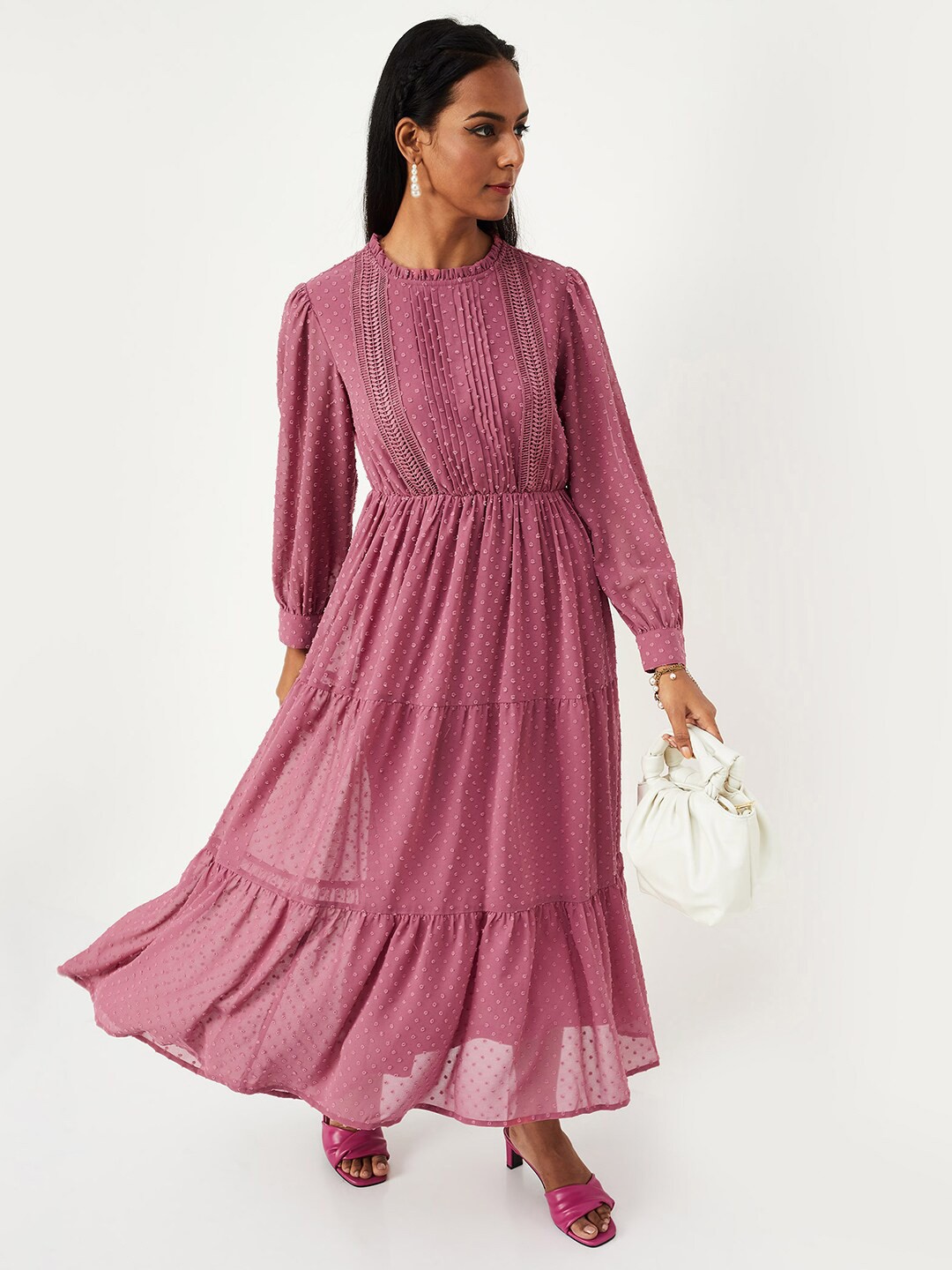 

max Tiered Puff Sleeves Self Design Fit & Flare Maxi Dress, Pink