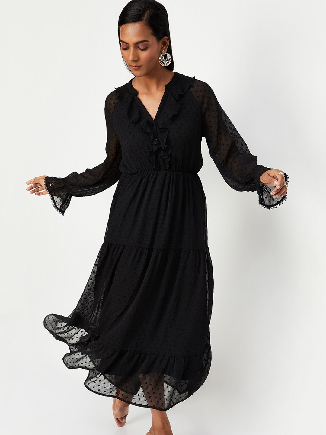

max V-Neck Self Design Shirt Maxi Dress, Black