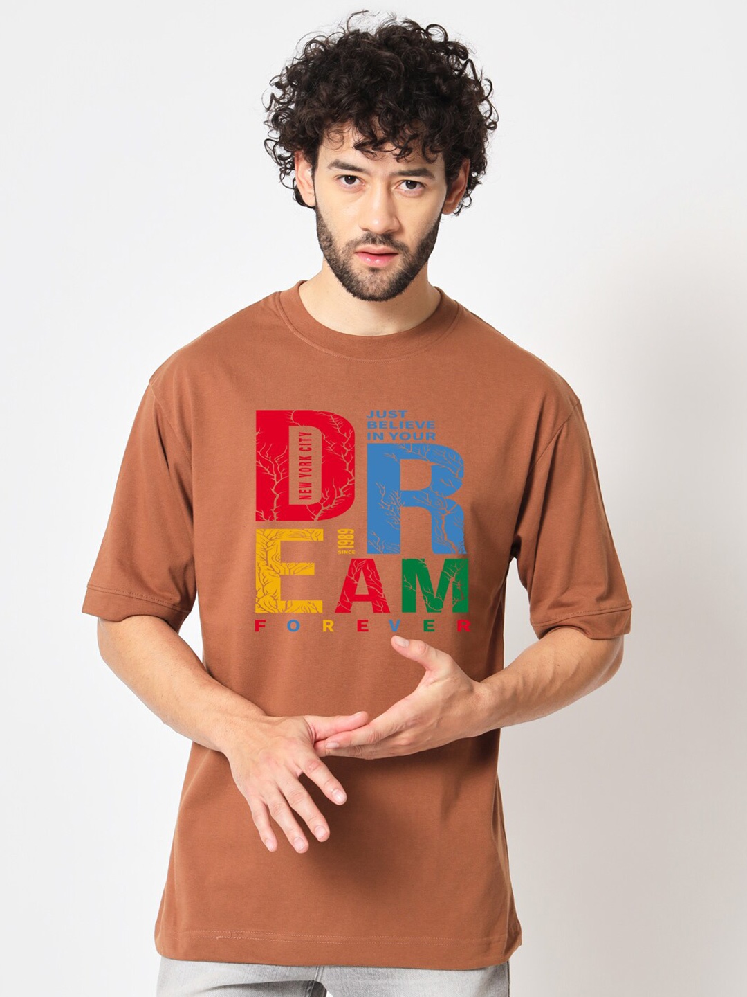 

Imsa Moda Typography Printed Drop Shoulder Sleeves Cotton Loose T-shirt, Coffee brown