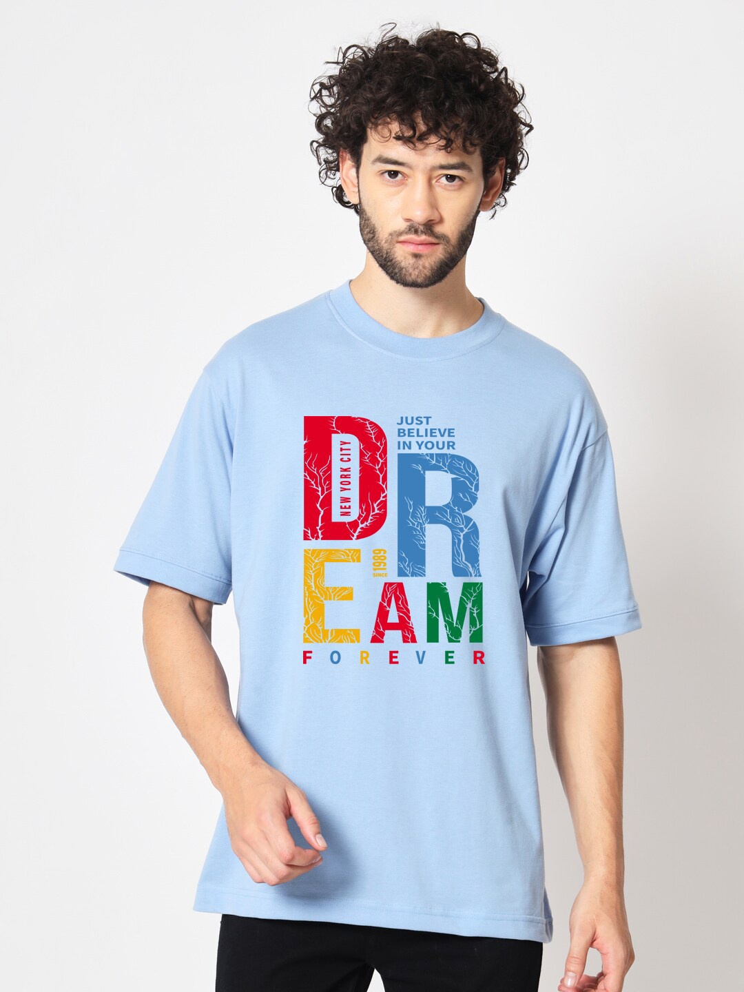 

Imsa Moda Typography Printed Cotton Loose T-shirt, Blue