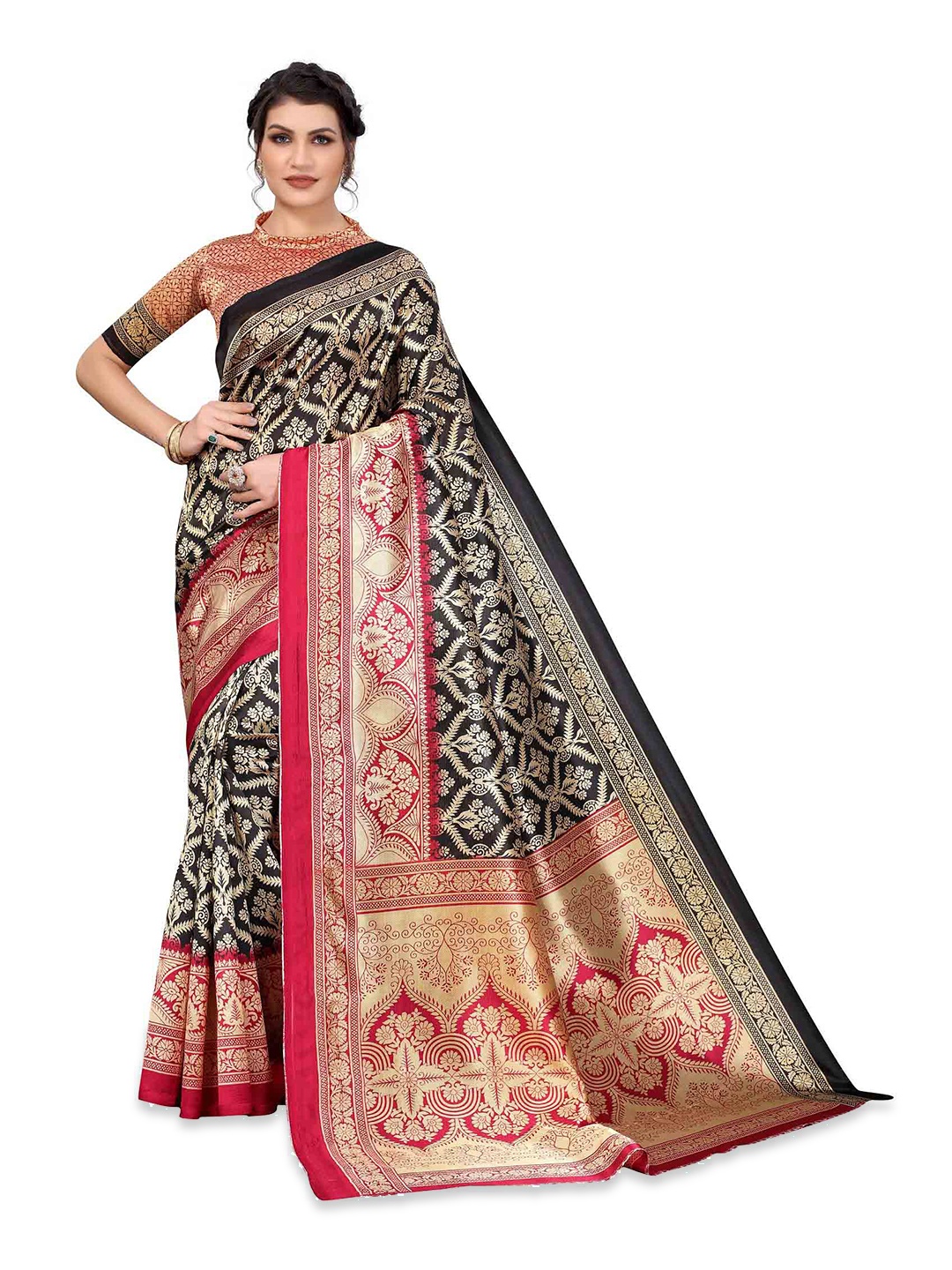 

MAGMINA Floral Woven Design Zari Banarasi Saree, Black