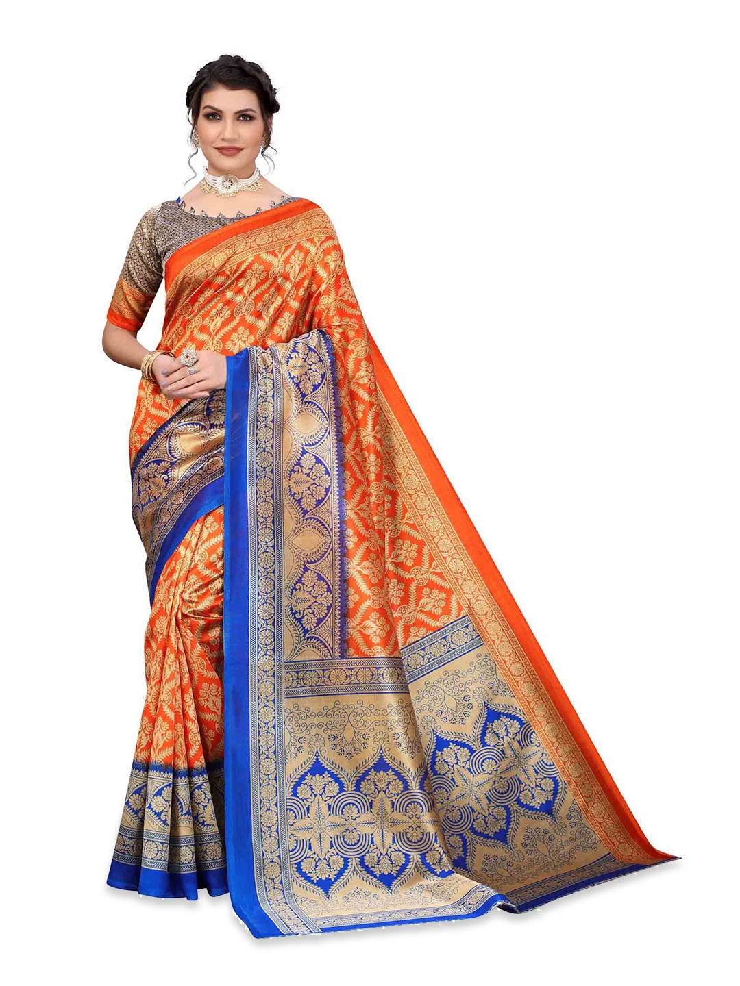 

MAGMINA Floral Woven Design Zari Banarasi Saree, Orange