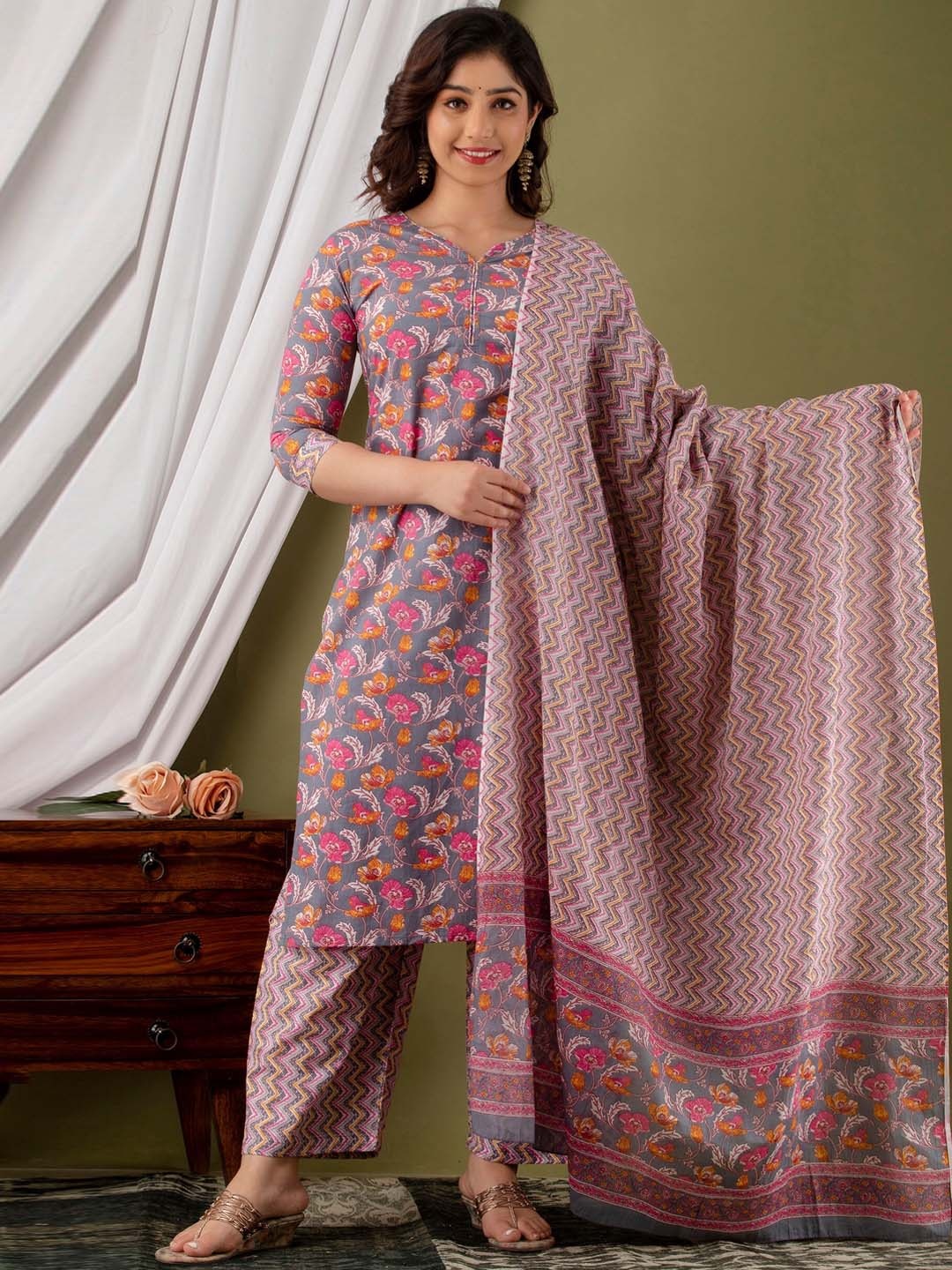 

KALINI Ethnic Motifs Printed Regular Kurta With Palazzos & Dupatta, Grey