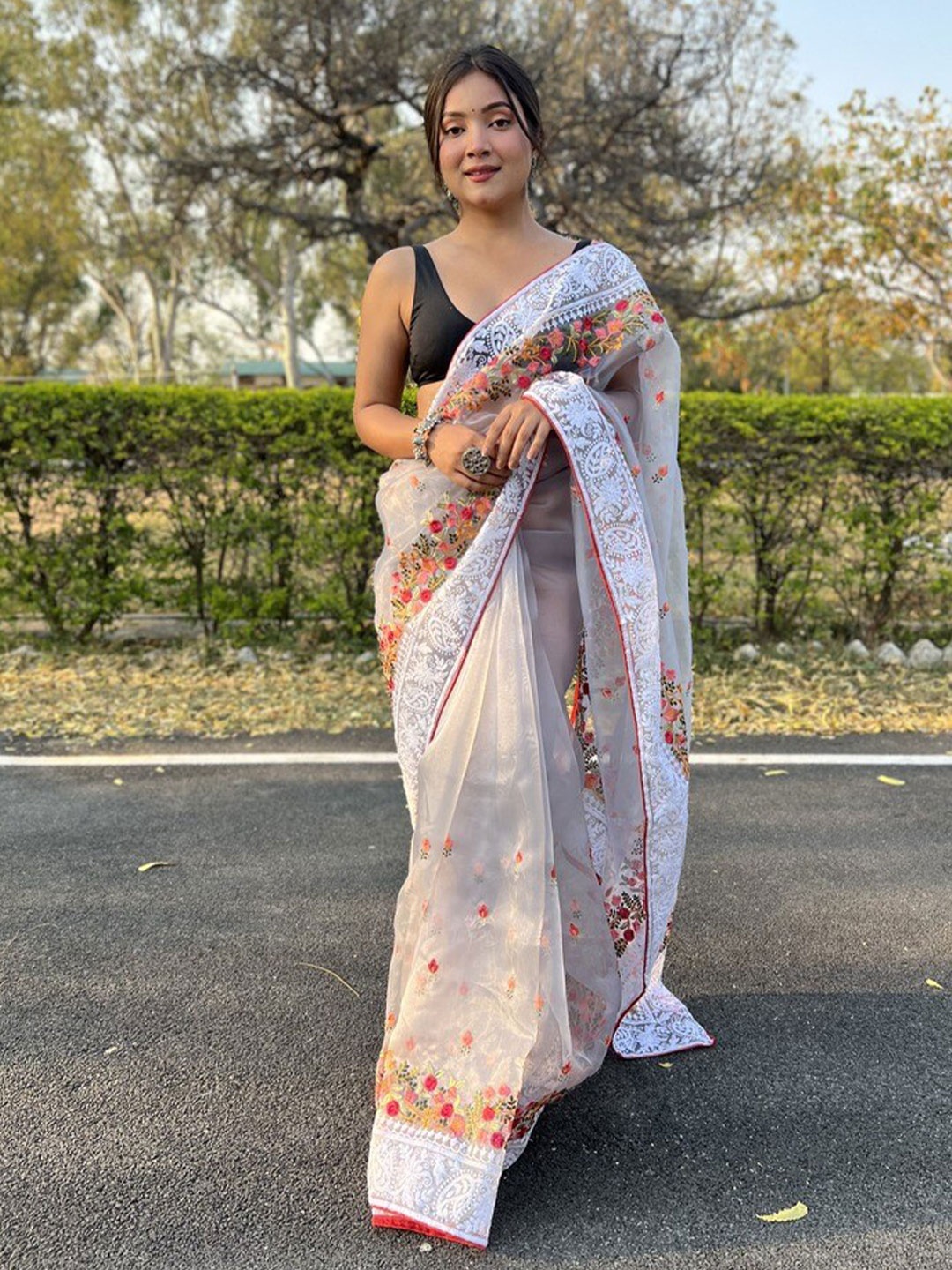 Atulyam Tex World Ethnic Motifs Embroidered Organza Designer Saree, Grey