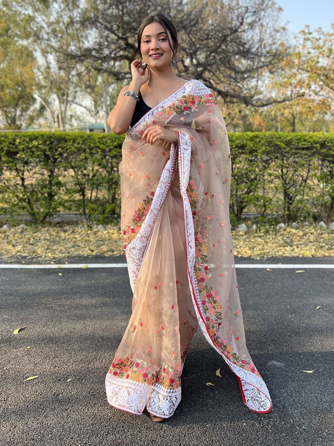

Atulyam Tex World Floral Embroidered Organza Saree, Brown