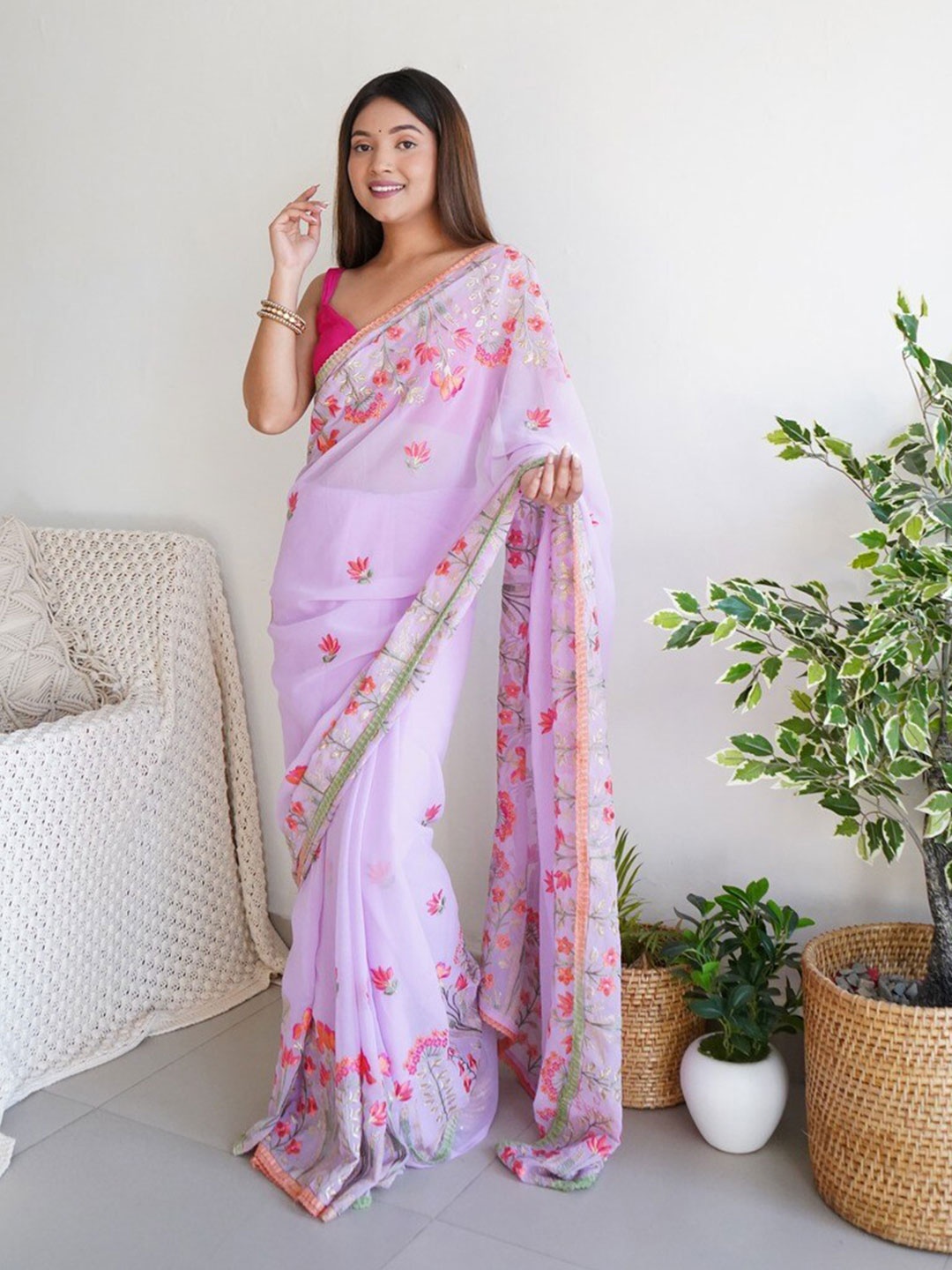 

Atulyam Tex World Floral Embroidered Pure Georgette Saree, Lavender