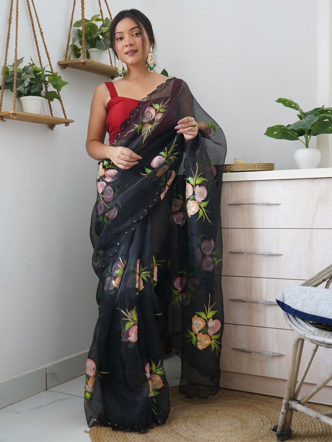 

Atulyam Tex World Floral Printed Embroidered Organza Saree, Black