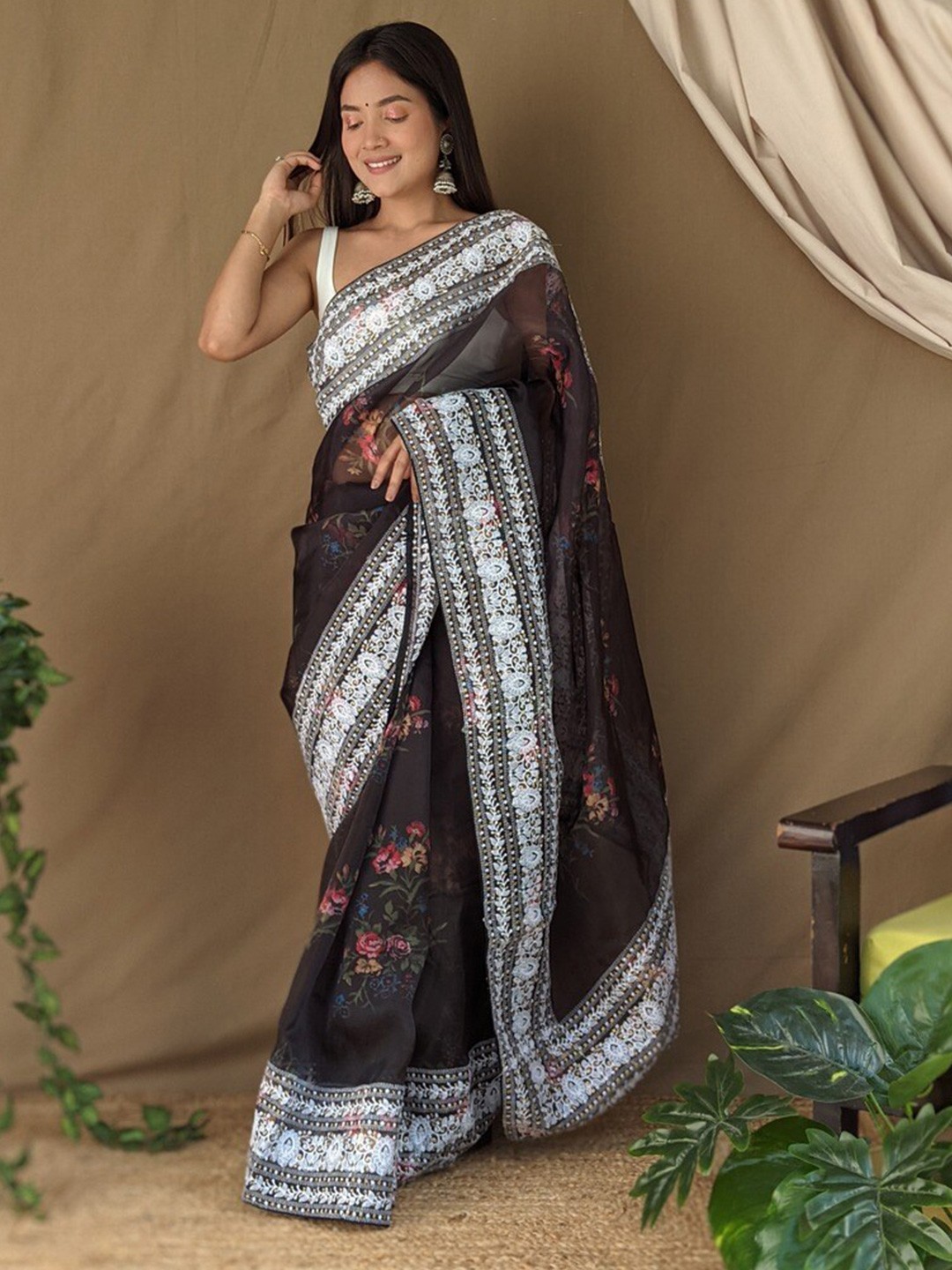 

Atulyam Tex World Floral Printed Embroidered Organza Saree, Black