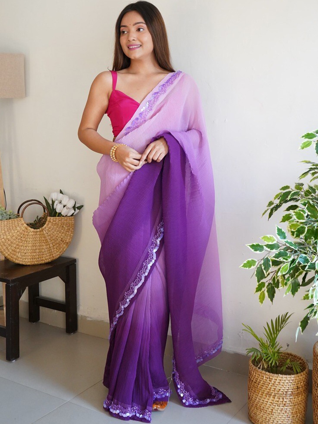 

Atulyam Tex World Ombre Dyed Embellished Georgette Saree, Lavender