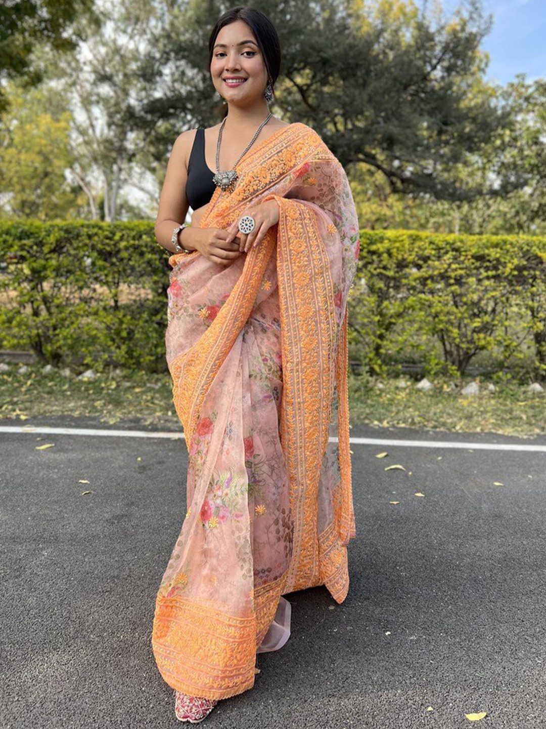 

Atulyam Tex World Floral Printed Embroidered Organza Saree, Orange