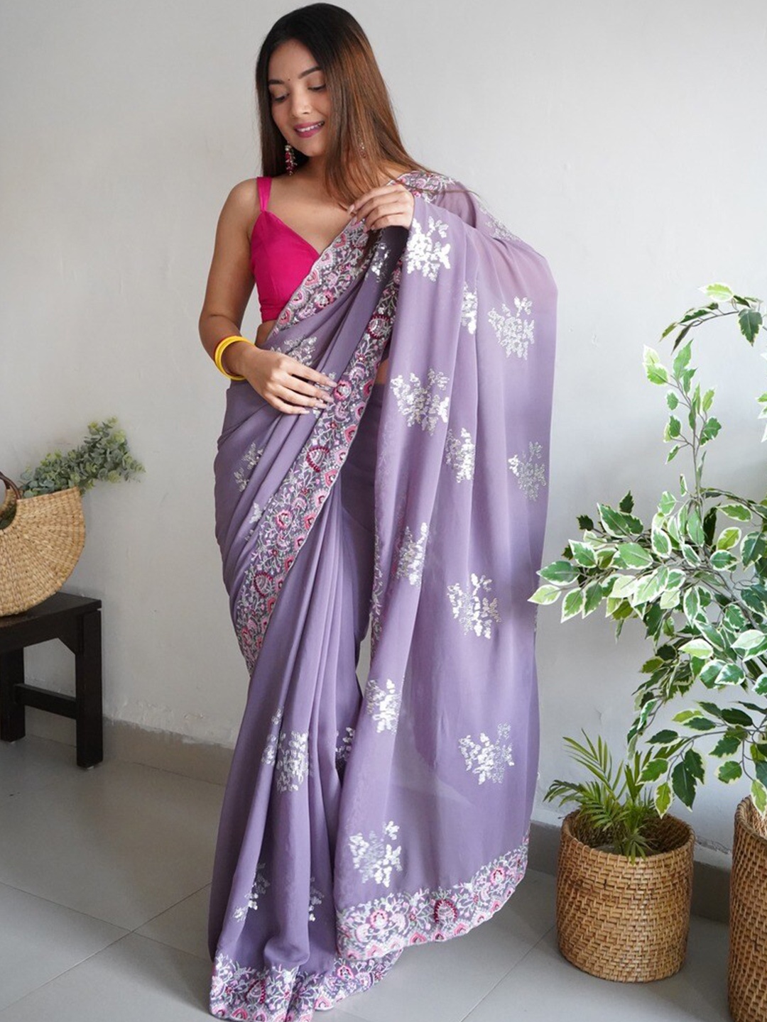 

Atulyam Tex World Ethnic Motifs Embroidered Pure Georgette Saree, Lavender