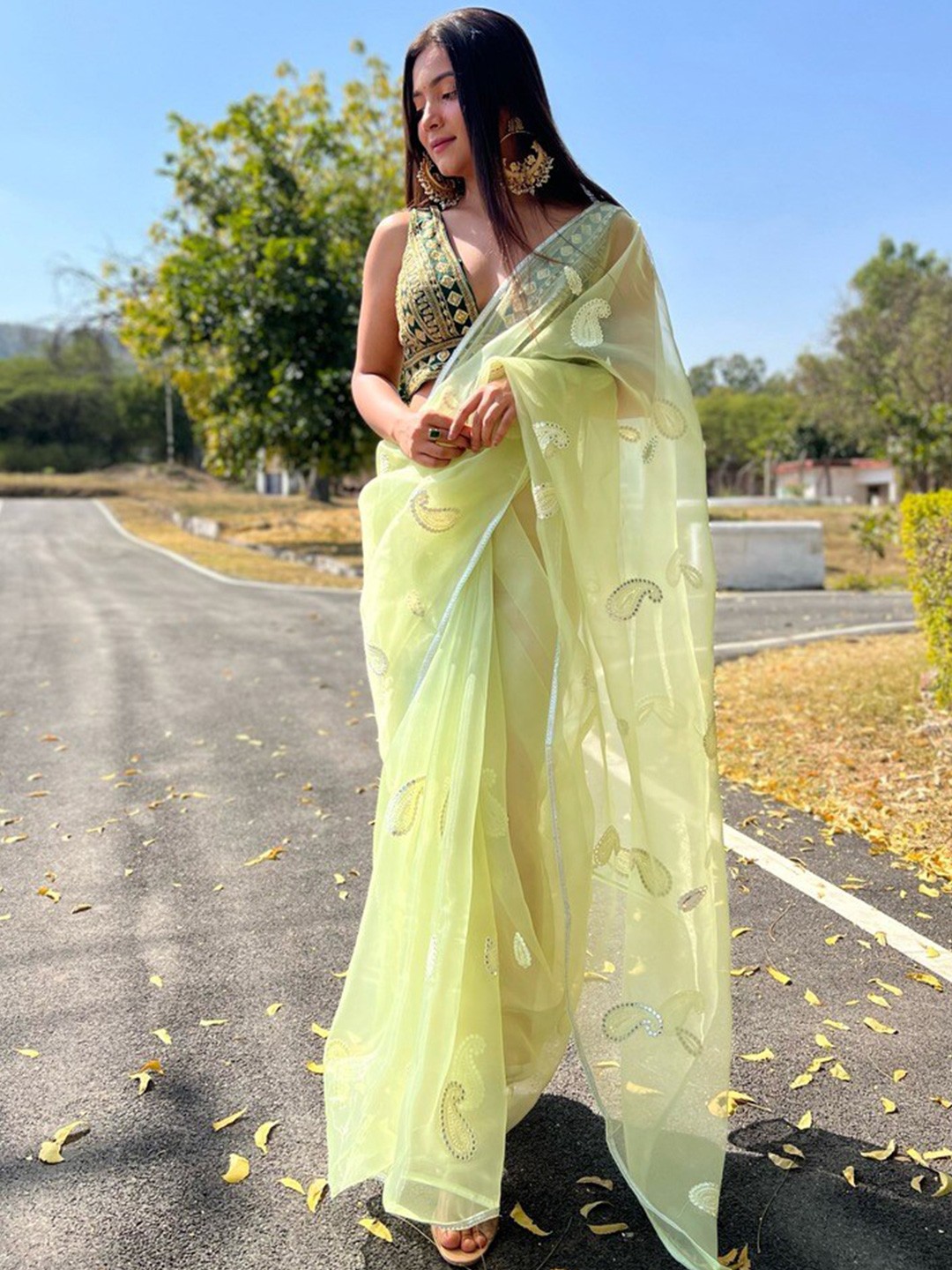 

Atulyam Tex World Ethnic Motifs Embroidered Organza Saree, Green