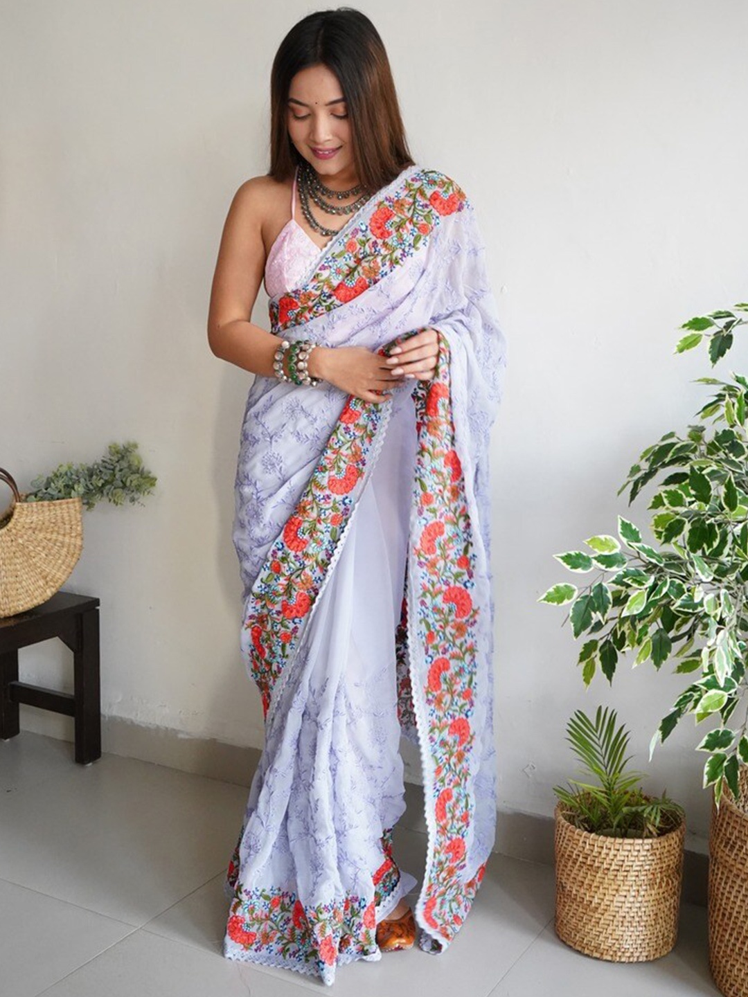 

Atulyam Tex World Ethnic Motifs Embroidered Pure Georgette Saree, Grey