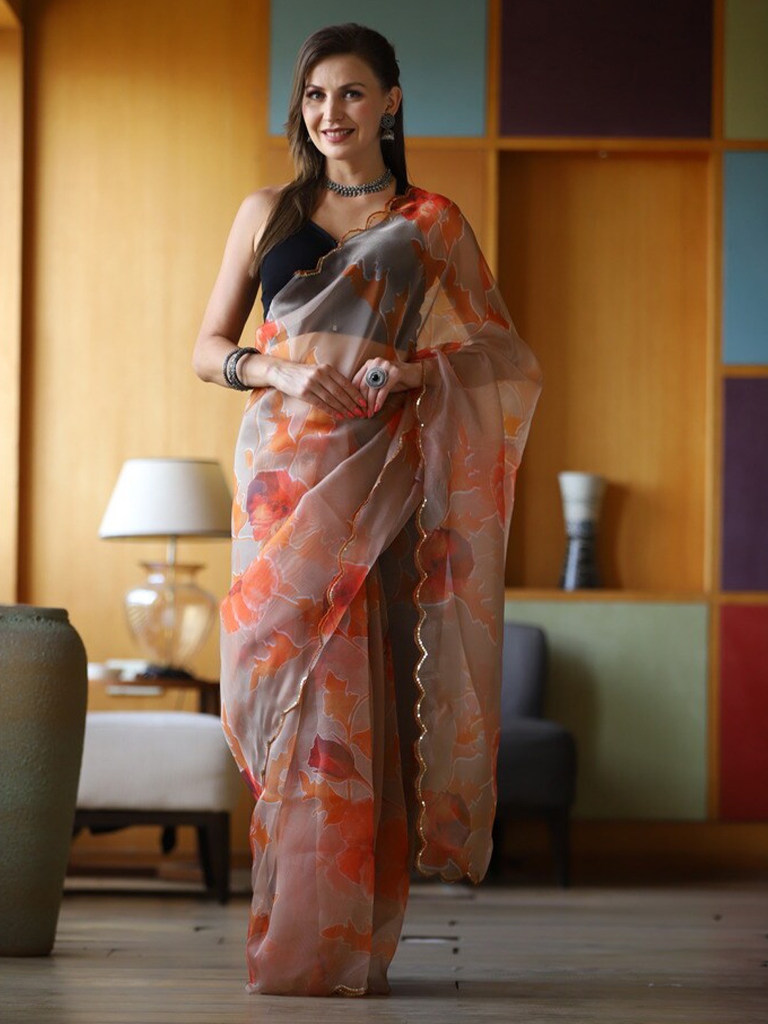 

Atulyam Tex World Floral Printed Organza Saree, Orange