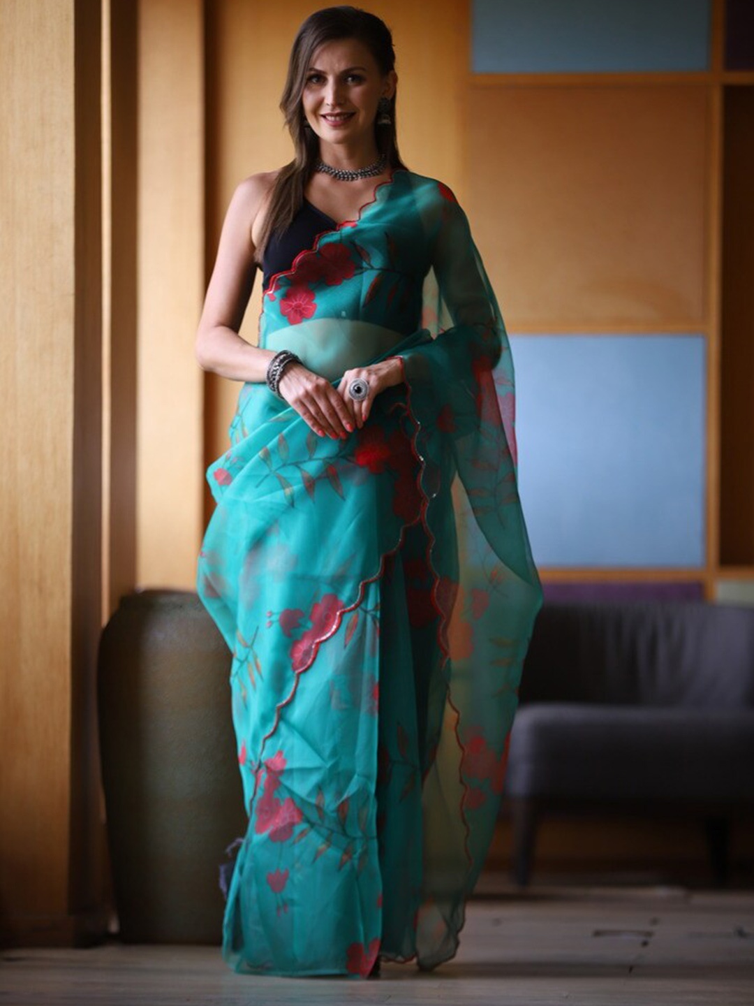 

Atulyam Tex World Floral Printed Organza Saree, Teal